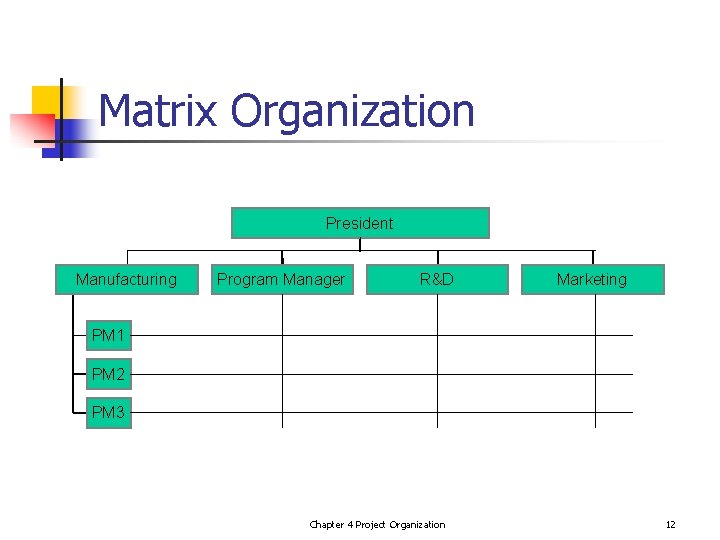 Matrix Organization President Manufacturing Program Manager R&D Marketing PM 1 PM 2 PM 3