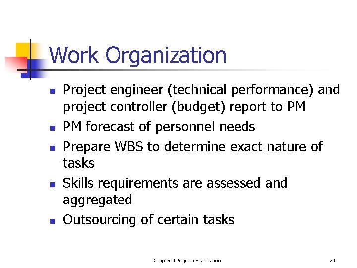 Work Organization n n Project engineer (technical performance) and project controller (budget) report to