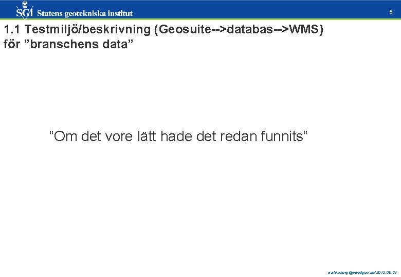 5 1. 1 Testmiljö/beskrivning (Geosuite-->databas-->WMS) för ”branschens data” ”Om det vore lätt hade det