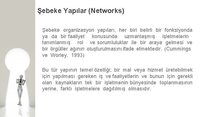 Şebeke Yapılar (Networks) Şebeke organizasyon yapıları, her biri belirli bir fonksiyonda ya da bir