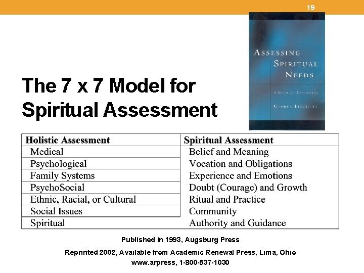 19 The 7 x 7 Model for Spiritual Assessment Published in 1993, Augsburg Press