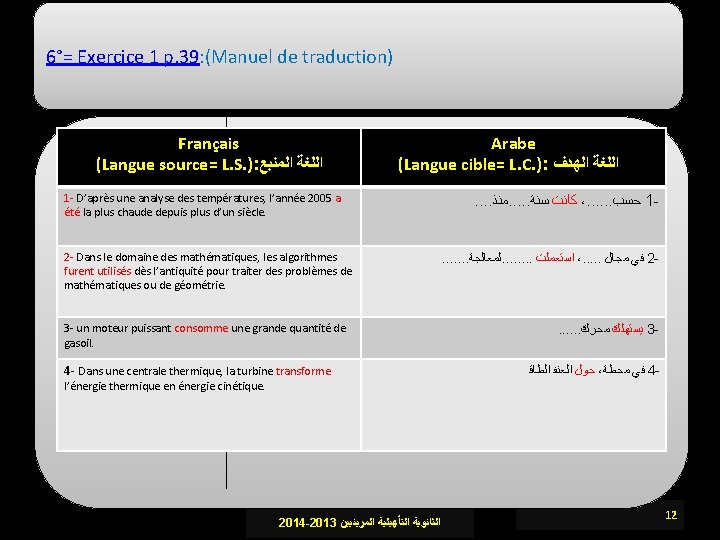 6°= Exercice 1 p. 39: (Manuel de traduction) Français (Langue source= L. S. ):