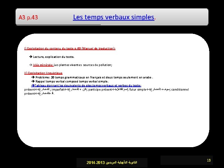 A 3 p. 43 Les temps verbaux simples. I) Exploitation du contenu du texte