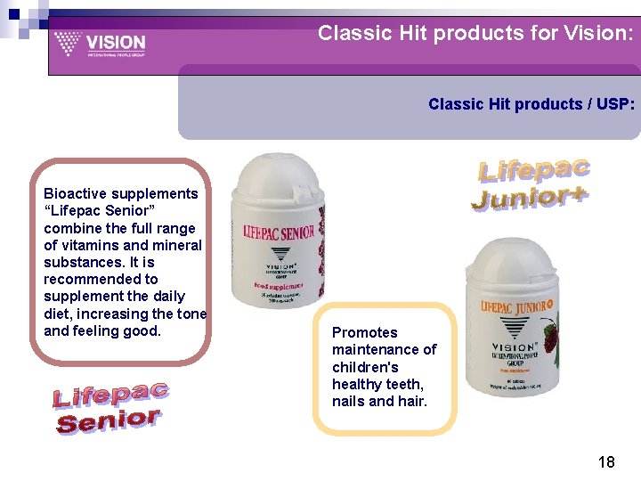 Classic Hit products for Vision: Classic Hit products / USP: Bioactive supplements “Lifepac Senior”