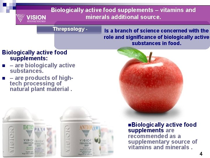 Biologically active food supplements – vitamins and minerals additional source. Threpsology - Is a