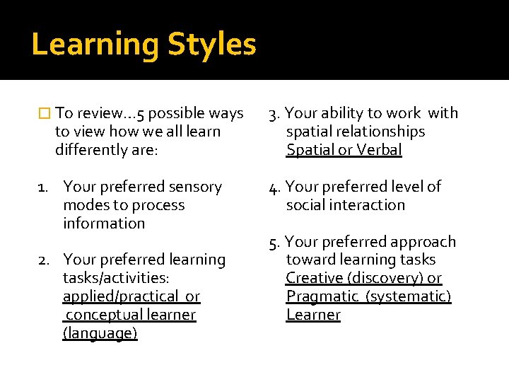Learning Styles � To review… 5 possible ways 3. Your ability to work with Learning Styles � To review… 5 possible ways 3. Your ability to work with
