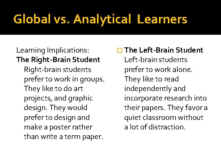 Global vs. Analytical Learners Learning Implications: The Right-Brain Student Right-brain students prefer to work Global vs. Analytical Learners Learning Implications: The Right-Brain Student Right-brain students prefer to work