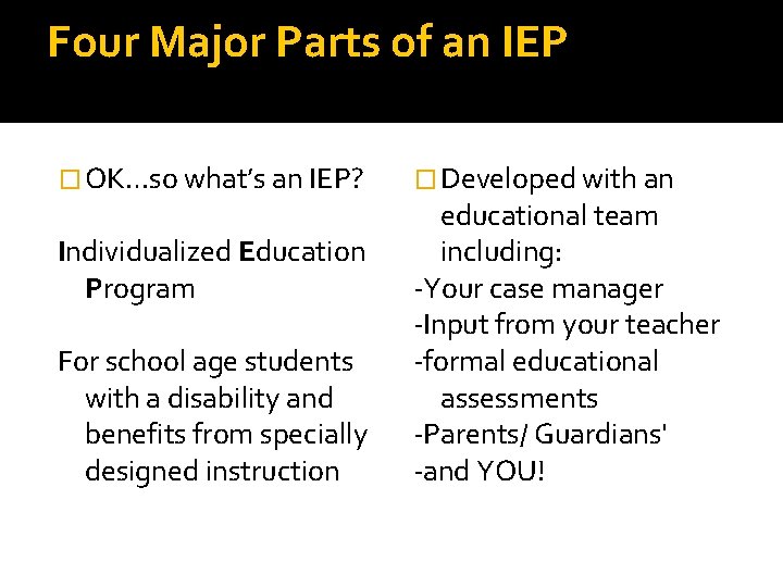 Four Major Parts of an IEP � OK…so what’s an IEP? Individualized Education Program Four Major Parts of an IEP � OK…so what’s an IEP? Individualized Education Program