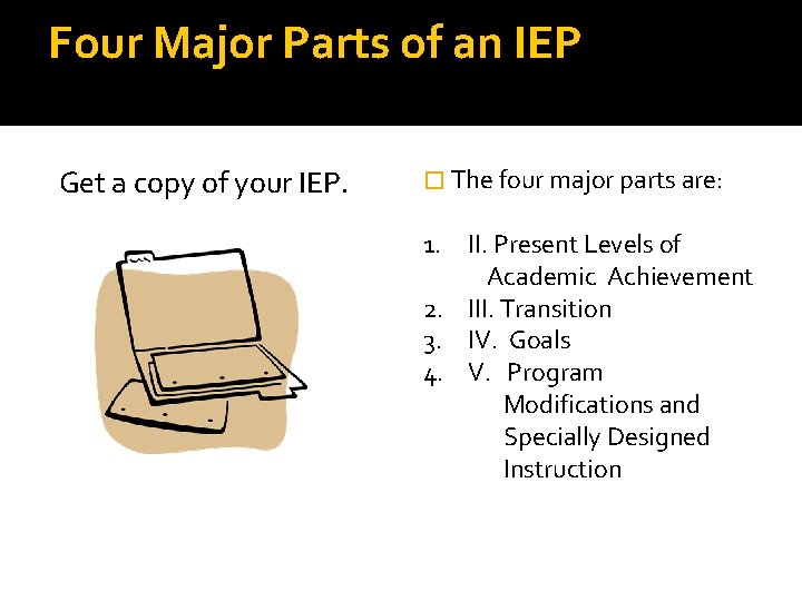 Four Major Parts of an IEP Get a copy of your IEP. � The Four Major Parts of an IEP Get a copy of your IEP. � The