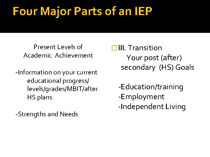 Four Major Parts of an IEP Present Levels of Academic Achievement -Information on your Four Major Parts of an IEP Present Levels of Academic Achievement -Information on your