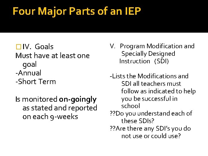 Four Major Parts of an IEP � IV. Goals Must have at least one Four Major Parts of an IEP � IV. Goals Must have at least one