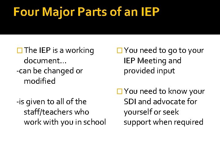 Four Major Parts of an IEP � The IEP is a working document… -can Four Major Parts of an IEP � The IEP is a working document… -can