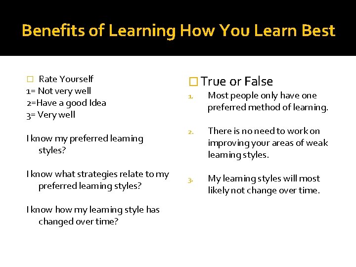 Benefits of Learning How You Learn Best Rate Yourself 1= Not very well 2=Have Benefits of Learning How You Learn Best Rate Yourself 1= Not very well 2=Have