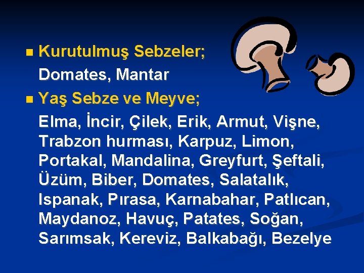 Kurutulmuş Sebzeler; Domates, Mantar Yaş Sebze ve Meyve; Elma, İncir, Çilek, Erik, Armut, Vişne,