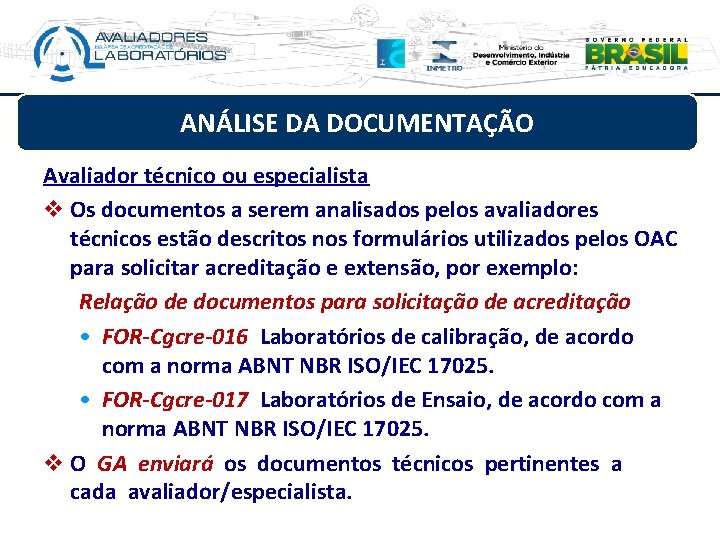 ANÁLISE DA DOCUMENTAÇÃO Avaliador técnico ou especialista v Os documentos a serem analisados pelos