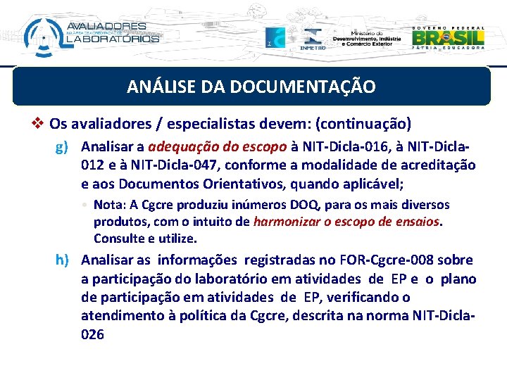 ANÁLISE DA DOCUMENTAÇÃO v Os avaliadores / especialistas devem: (continuação) g) Analisar a adequação