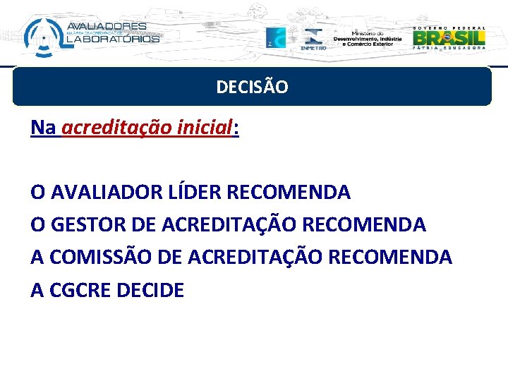 DECISÃO Na acreditação inicial: O AVALIADOR LÍDER RECOMENDA O GESTOR DE ACREDITAÇÃO RECOMENDA A