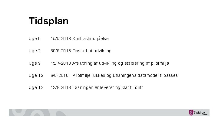 Tidsplan Uge 0 15/5 -2018 Kontraktindgåelse Uge 2 30/5 -2018 Opstart af udvikling Uge Tidsplan Uge 0 15/5 -2018 Kontraktindgåelse Uge 2 30/5 -2018 Opstart af udvikling Uge