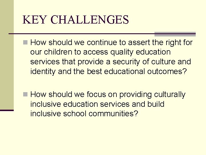 KEY CHALLENGES n How should we continue to assert the right for our children