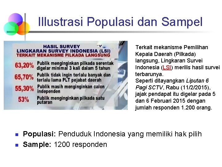 Illustrasi Populasi dan Sampel Terkait mekanisme Pemilihan Kepala Daerah (Pilkada) langsung, Lingkaran Survei Indonesia