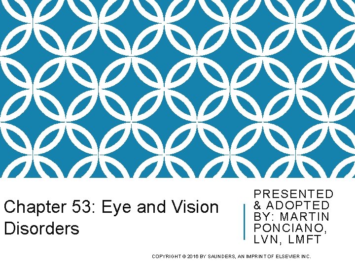 Chapter 53: Eye and Vision Disorders PRESENTED & ADOPTED BY: MARTIN PONCIANO, LVN, LMFT