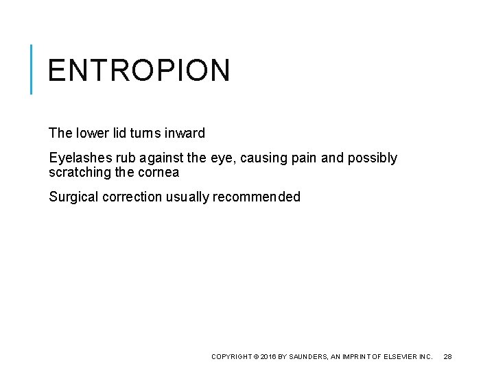 ENTROPION The lower lid turns inward Eyelashes rub against the eye, causing pain and