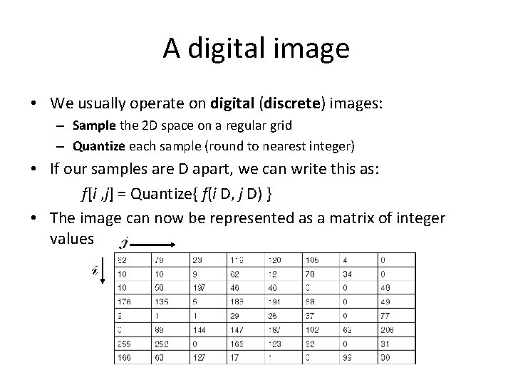 A digital image • We usually operate on digital (discrete) images: – Sample the