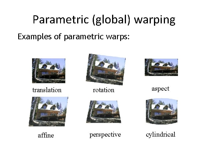 Parametric (global) warping Examples of parametric warps: translation rotation aspect affine perspective cylindrical 