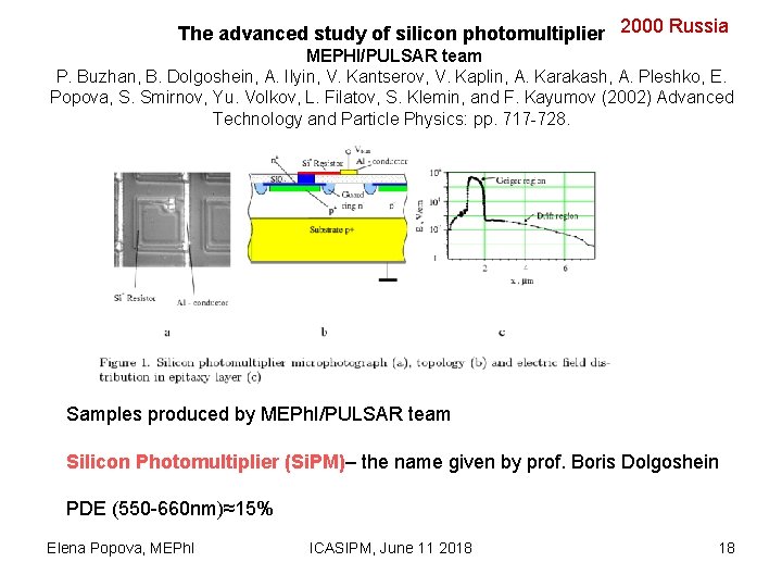 The advanced study of silicon photomultiplier 2000 Russia MEPHI/PULSAR team P. Buzhan, B. Dolgoshein,