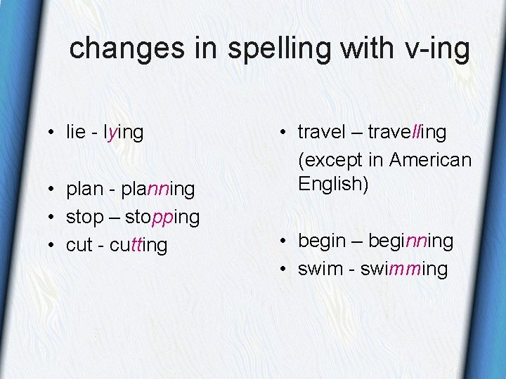 changes in spelling with v-ing • lie - lying • plan - planning • changes in spelling with v-ing • lie - lying • plan - planning •