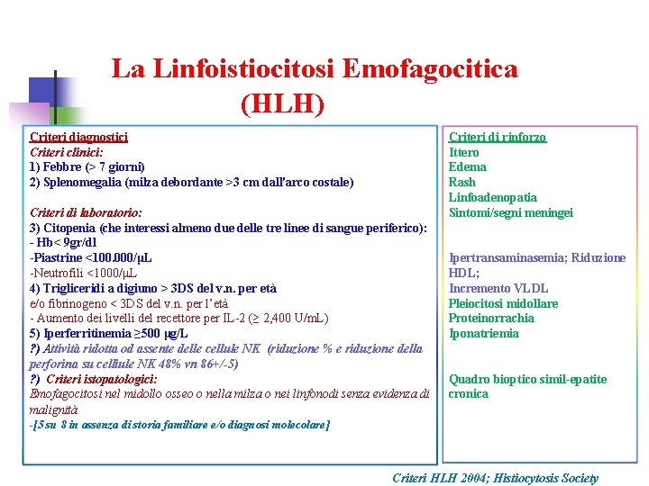 La Linfoistiocitosi Emofagocitica (HLH) Criteri diagnostici Criteri clinici: - Febbre (>(> 7 giorni) 1)