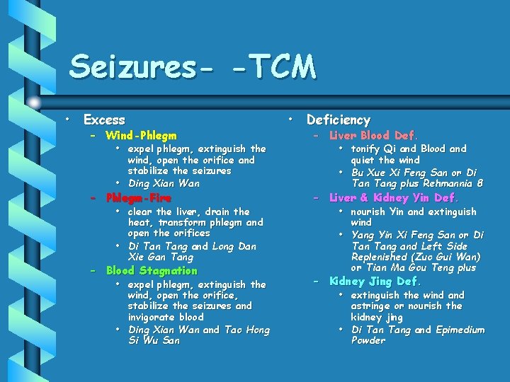 Seizures- -TCM • Excess – Wind-Phlegm • expel phlegm, extinguish the wind, open the