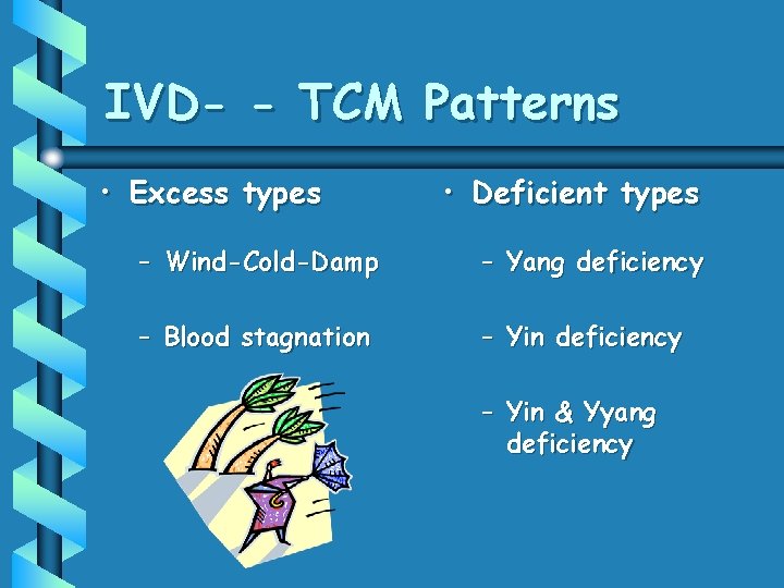 IVD- - TCM Patterns • Excess types • Deficient types – Wind-Cold-Damp – Yang