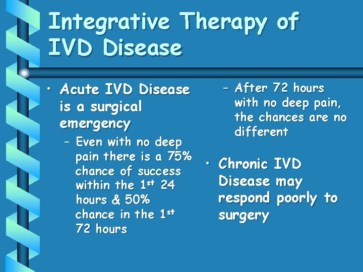 Integrative Therapy of IVD Disease • Acute IVD Disease is a surgical emergency –