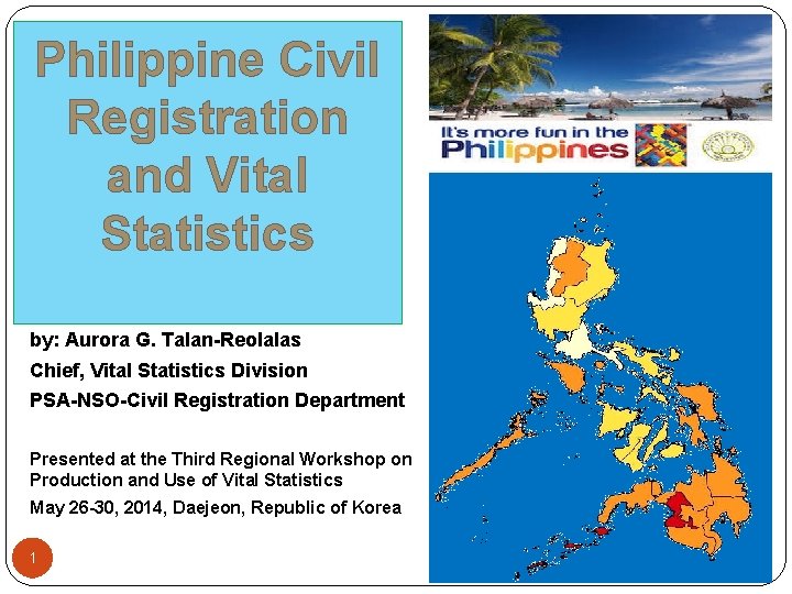 Philippine Civil Registration and Vital Statistics by: Aurora G. Talan-Reolalas Chief, Vital Statistics Division
