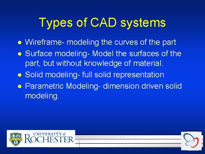 Types of CAD systems l l Wireframe- modeling the curves of the part Surface Types of CAD systems l l Wireframe- modeling the curves of the part Surface