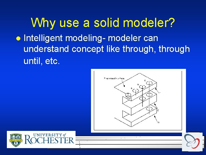 Why use a solid modeler? l Intelligent modeling- modeler can understand concept like through, Why use a solid modeler? l Intelligent modeling- modeler can understand concept like through,
