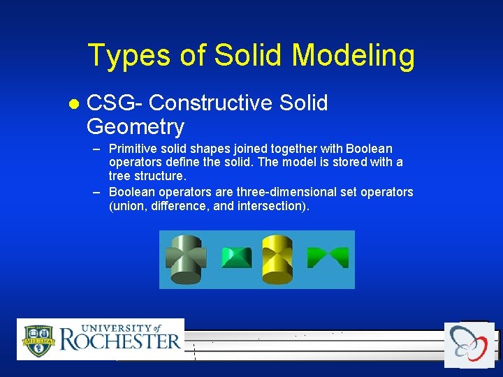 Types of Solid Modeling l CSG- Constructive Solid Geometry – Primitive solid shapes joined Types of Solid Modeling l CSG- Constructive Solid Geometry – Primitive solid shapes joined