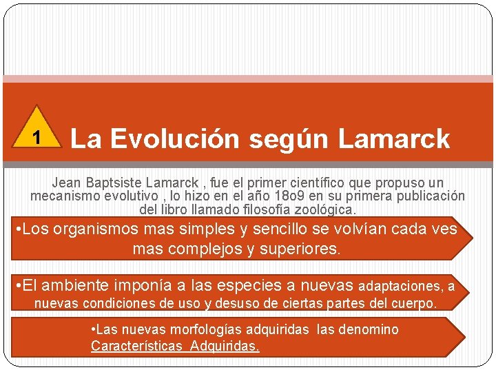 1 La Evolución según Lamarck Jean Baptsiste Lamarck , fue el primer científico que