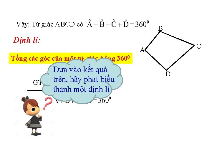 Vậy: Tứ giác ABCD có B Định lí: C A Tổng các góc của