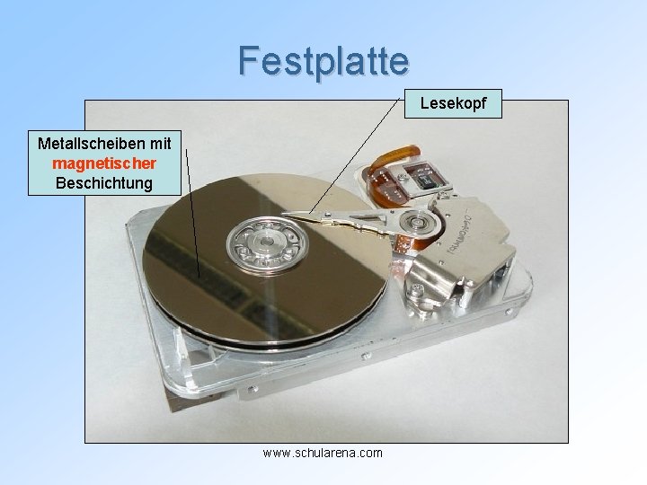 Festplatte Lesekopf Metallscheiben mit magnetischer Beschichtung www. schularena. com 