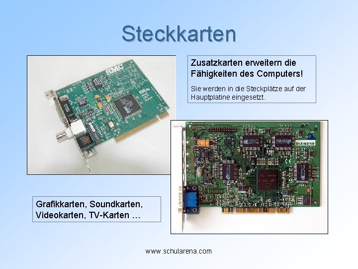Steckkarten Zusatzkarten erweitern die Fähigkeiten des Computers! Sie werden in die Steckplätze auf der