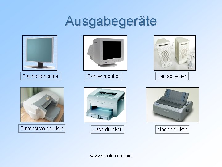 Ausgabegeräte Flachbildmonitor Tintenstrahldrucker Röhrenmonitor Laserdrucker www. schularena. com Lautsprecher Nadeldrucker 