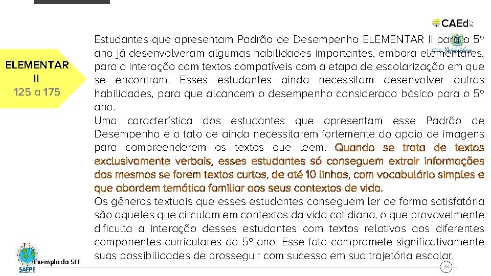 ELEMENTAR II 125 a 175 Exemplo do 5 EF Estudantes que apresentam Padrão de