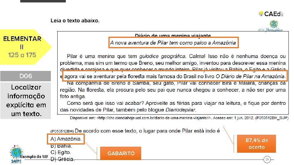 ELEMENTAR II 125 a 175 D 06 Localizar informação explícita em um texto. Exemplo