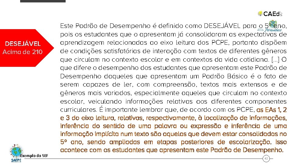 DESEJÁVEL Acima de 210 Exemplo do 5 EF Este Padrão de Desempenho é definido