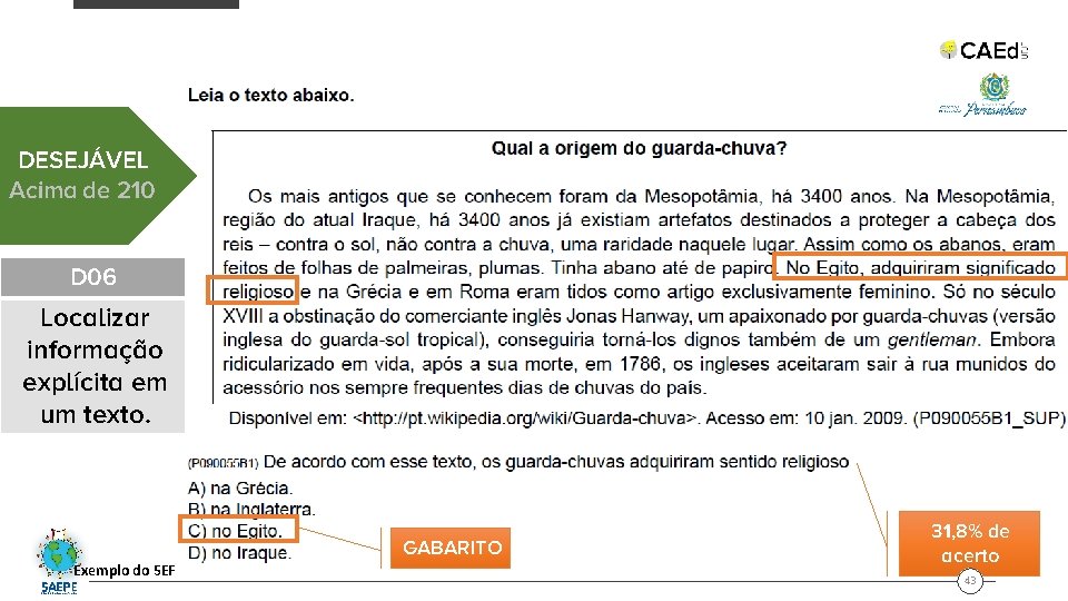 DESEJÁVEL Acima de 210 D 06 Localizar informação explícita em um texto. Exemplo do