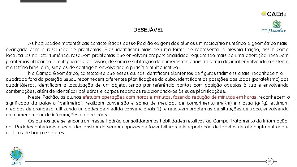 DESEJÁVEL As habilidades matemáticas características desse Padrão exigem dos alunos um raciocínio numérico e