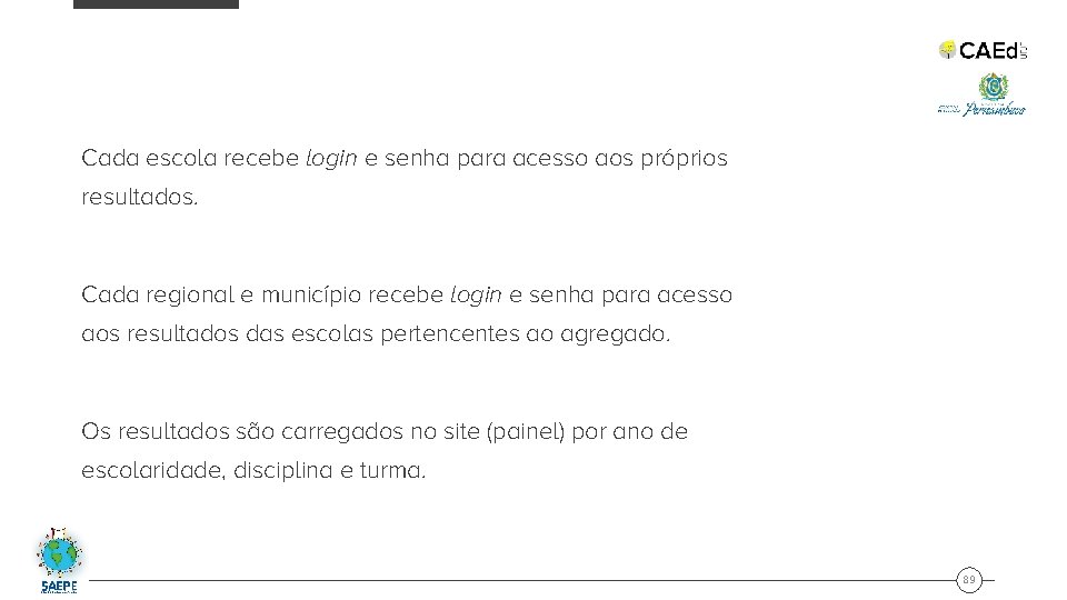 Cada escola recebe login e senha para acesso aos próprios resultados. Cada regional e