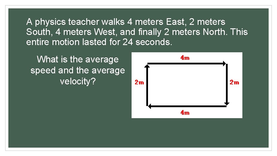 A physics teacher walks 4 meters East, 2 meters South, 4 meters West, and